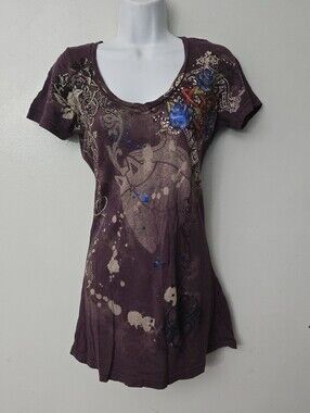 Y2K Brad Butter Angel Wings V-Neck Shirt Women’s S  Roses Heart Wings